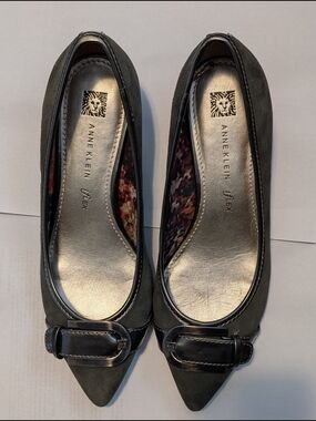 Anne Klein Dark Grey Suede Pointed Toe Kitten Heels with Decorative Buckle